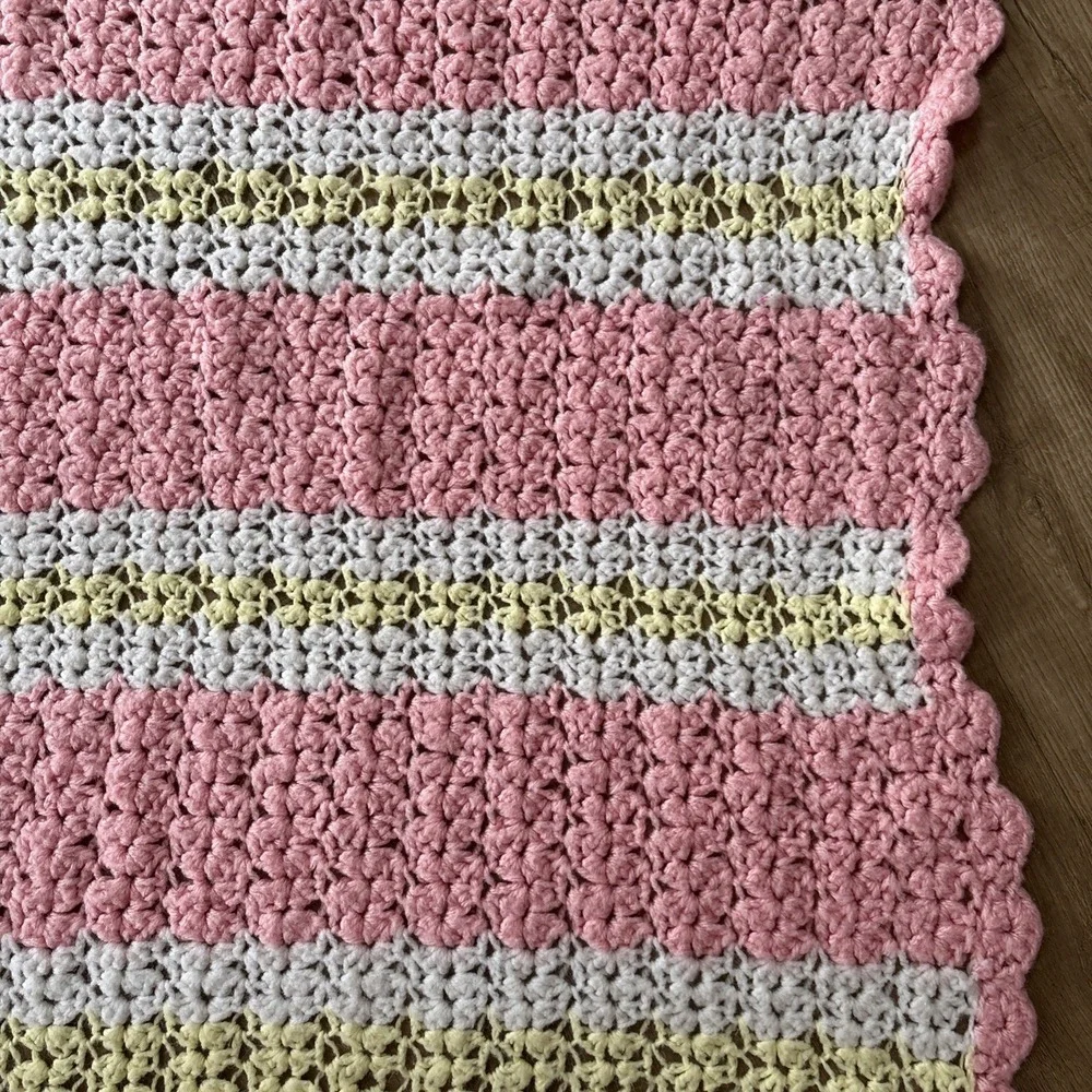 Vintage Crocheted Pink , Yellow & White Baby Blanket  Scalloped Edge
